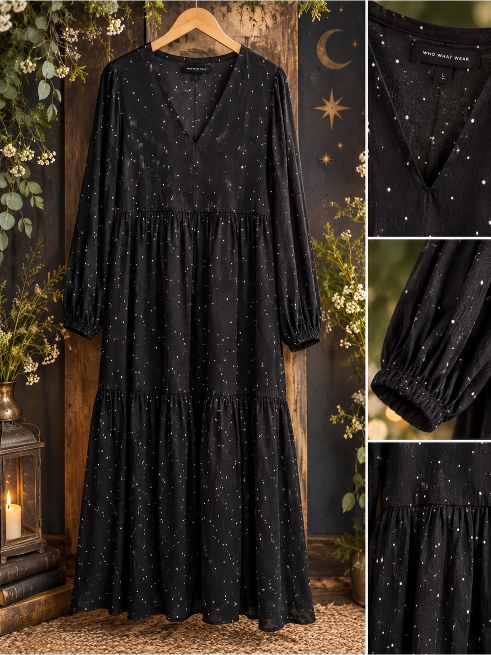 ✨ NWT WHO WHAT WEAR Black Celestial Tiered Maxi Dress — Size L